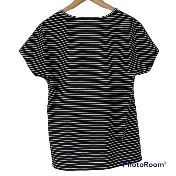NINE WEST BLACK/WHITE STRIPED DOLMAN TSHIRT W/ CRISSCROSS NECKLINE DETAIL, S - Picture 2 of 8